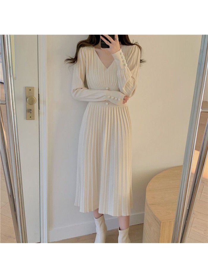 Early spring new v-neck medium-length knitted dress with thin temperament and large pleats in autumn and winter for women 