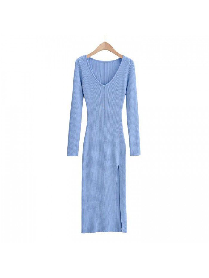 Dress Autumn and Winter Style Temperament Slim Fit V-neck Over Knee Long Dress Sexy Side Split Knitted Dress 