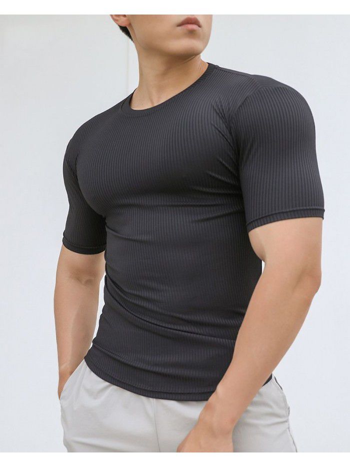 Sports Short Sleeve Men's Summer Solid Stripe Fitness Training Casual High Elastic Fit T-shirt Top 