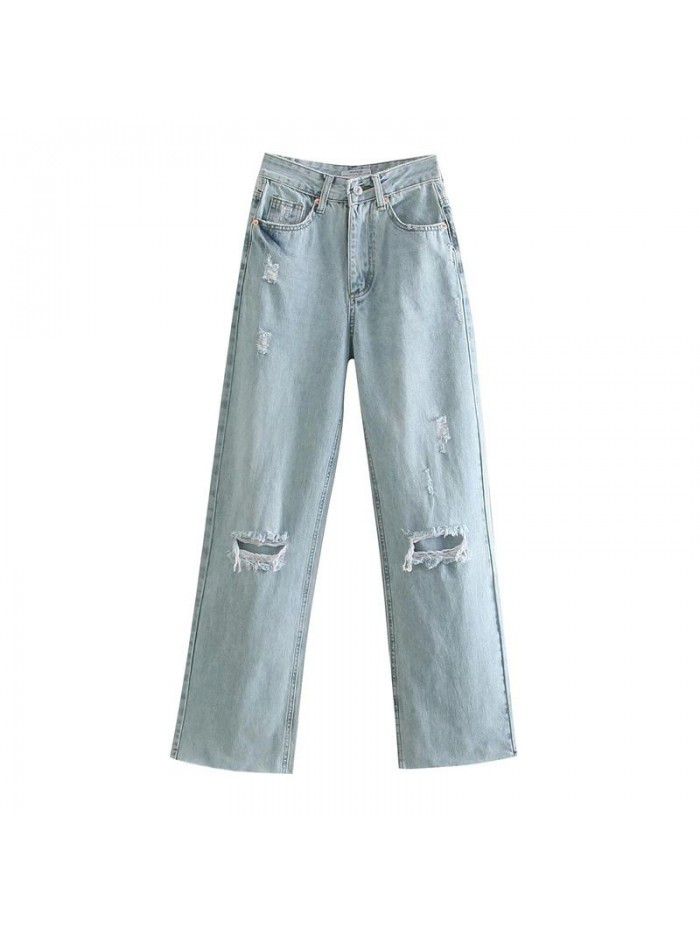 Women's Spring New Style Women's Washable Slim Perforated Decorative Wide Leg High Waist Jeans 
