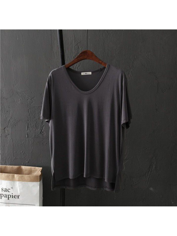 Basic solid V-neck short sleeved T-shirt for female students Summer loose bottomed shirt for slimming top trend 