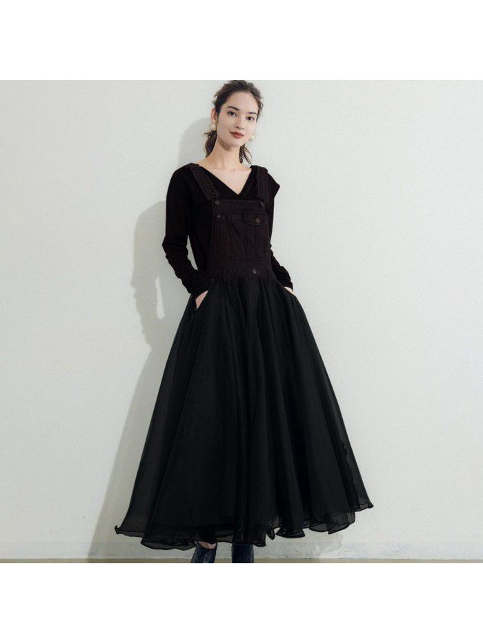 Autumn Strap Dress Japanese Spliced Mesh High Waist Dress Strap 