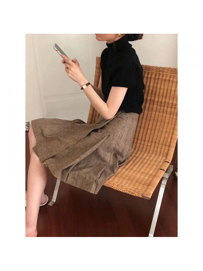 Autumn and winter new wool plaid pleated casual skirt 