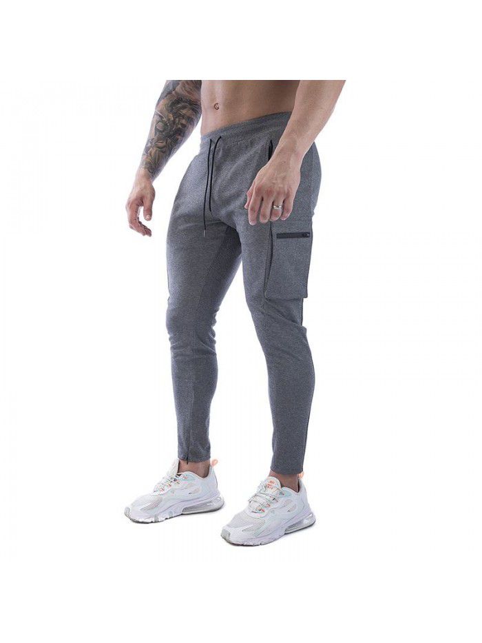 Men's sports pants stretch cotton casual small leg large zip pocket men's pants 