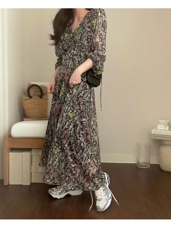 Autumn New Style Gentle and Solid Fairy Fragmented V-neck Chiffon Dress Long Dress 