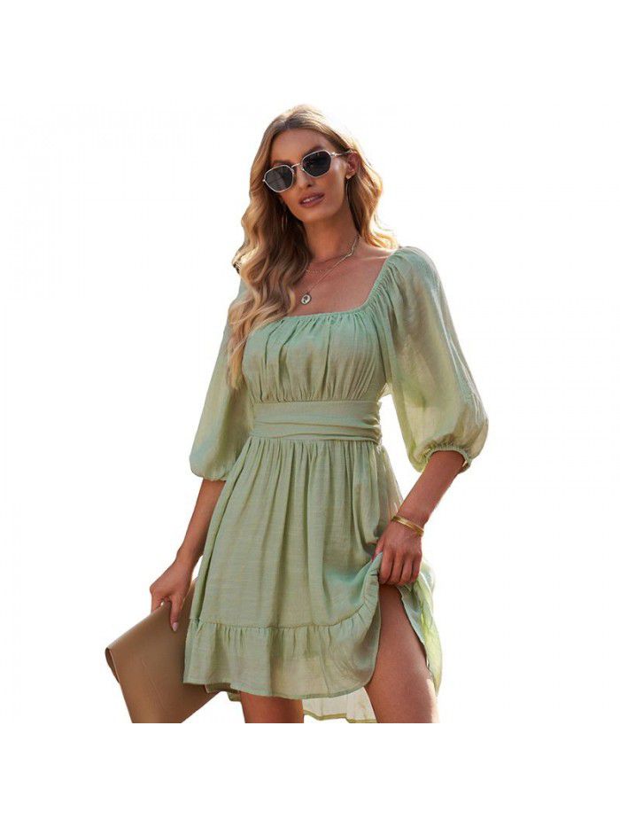 Dress Women's New Summer Off Shoulder Solid Color Lacing Ruffle Sleeves Casual Dress Women