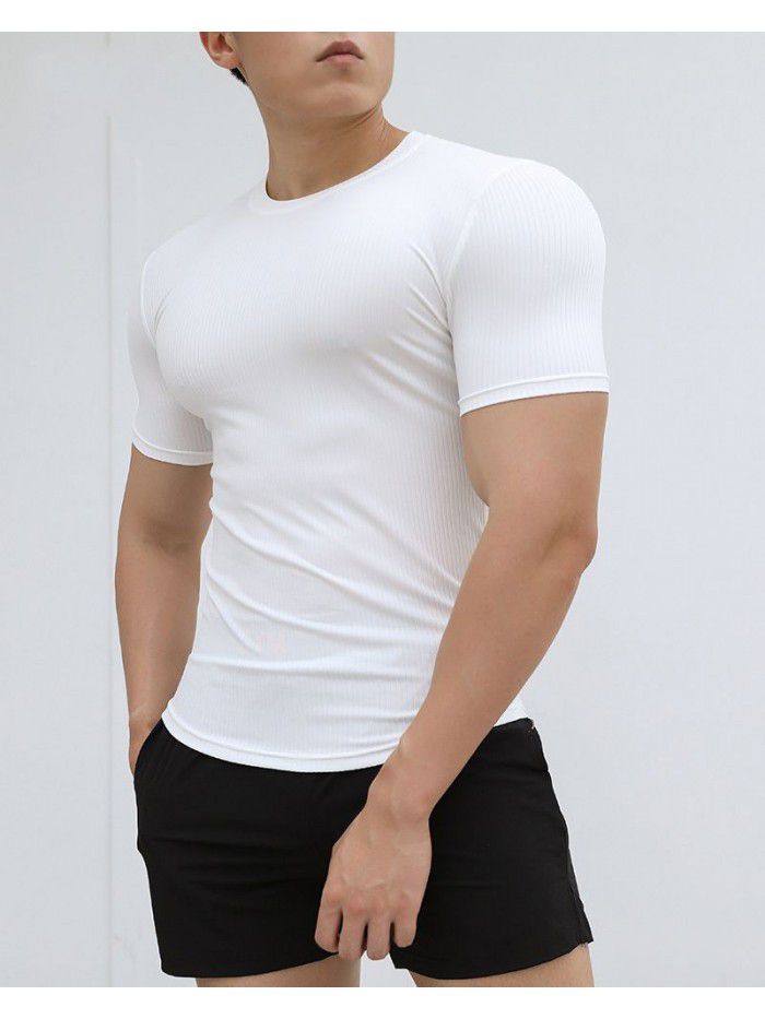 Sports Short Sleeve Men's Summer Solid Stripe Fitness Training Casual High Elastic Fit T-shirt Top 