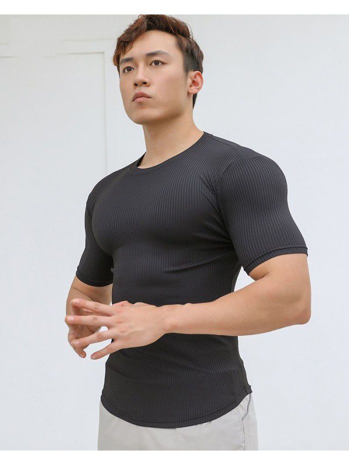 Sports Short Sleeve Men's Summer Solid Stripe Fitness Training Casual High Elastic Fit T-shirt Top 