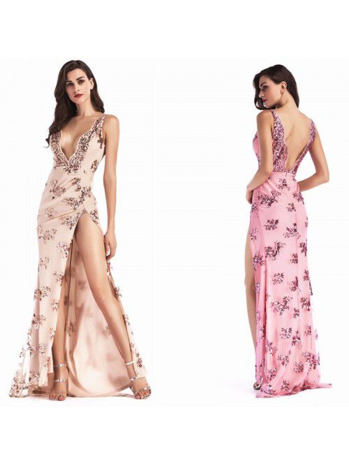 New Sequin Strap Sexy Open Back Long Dress with De...