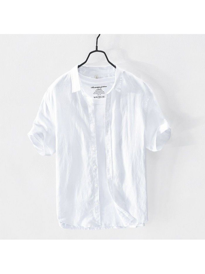 Summer casual simple cotton linen short sleeved men's shirt refreshing and fashionable men's shirt 