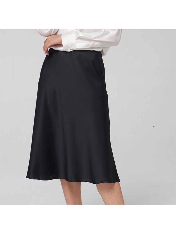 Silk Women's Summer Pear Shape Body Half Skirt Summer Temperament Slim Fit A-line Skirt Commuter Solid Silk Midskirt 