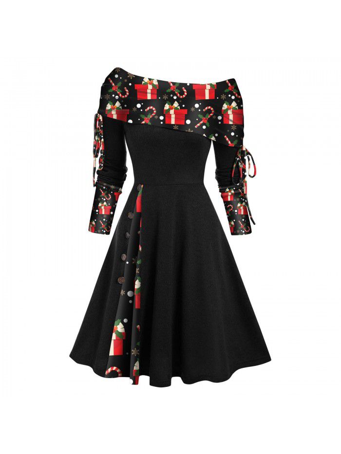 Women's autumn and winter new long-sleeved one-shoulder solid color printed patchwork button dress 