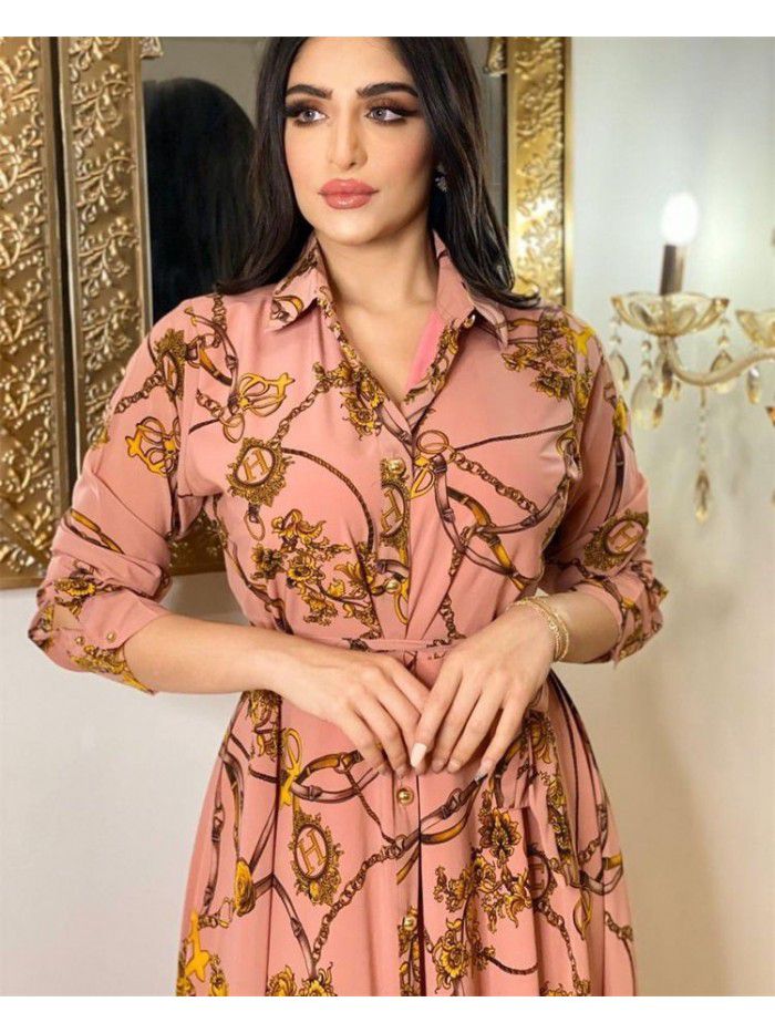 New retro floral print single breasted belt long dress 