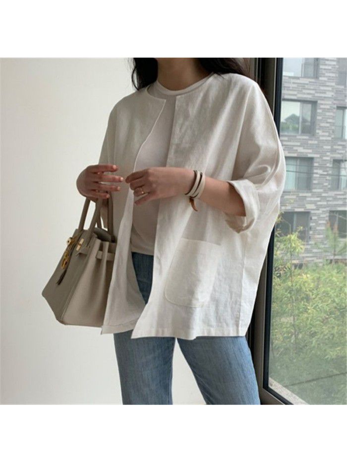 Loose ice silk cotton and hemp top Spring and summer new vintage large color contrast simple cotton and hemp T-shirt female 