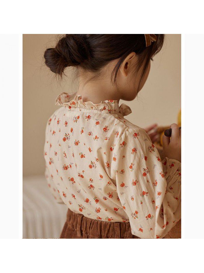 Girls' Long Sleeve Set Autumn Mid Children's Korean Edition Fragmented Blossom Top Vintage Corduroy Shorts Two Piece Set 