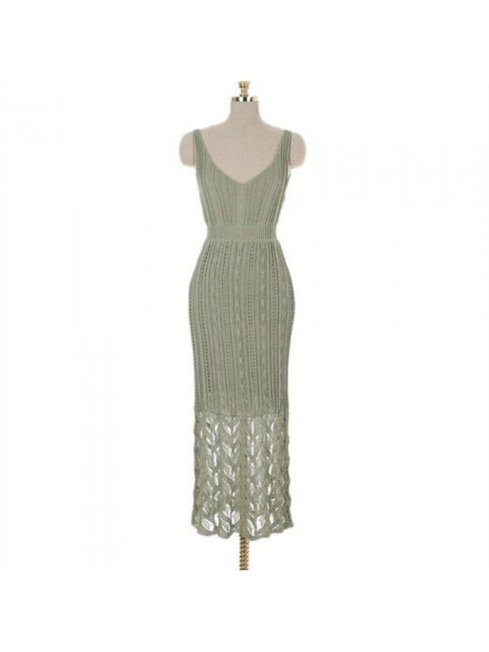 Spring/Summer Mid length Knitted Sling Dress for Women Sleeveless Outwear Over Knee Skirt Underlay Tank Top Long Dress 