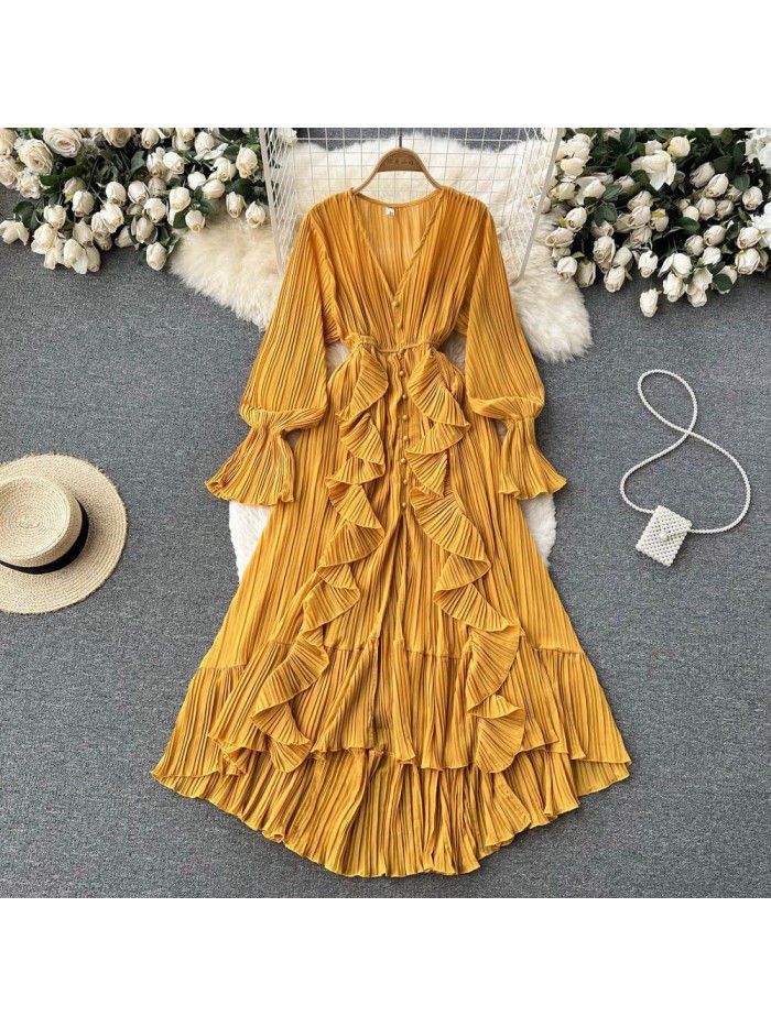 Fashionable and Sexy Solid V-Neck Ruffled Flare Sleeves to hem Dress 
