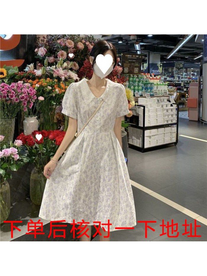 Fragmented Flower Dress Mid length Summer New Style Slim Short Sleeve French Small Dress 