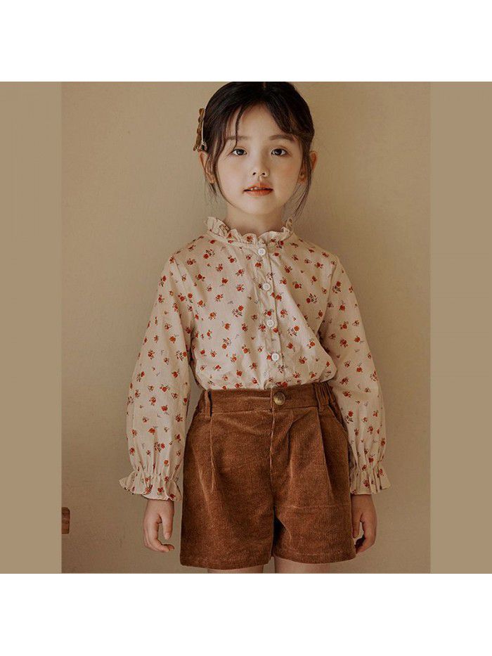 Girls' Long Sleeve Set Autumn Mid Children's Korean Edition Fragmented Blossom Top Vintage Corduroy Shorts Two Piece Set 