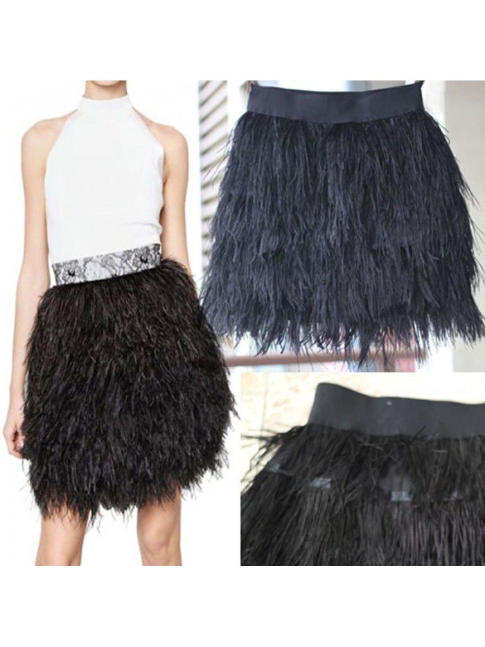 Pure black dazzling color A-line skirt, half length skirt, fur leather tassel skirt, autumn and winter fashion item 