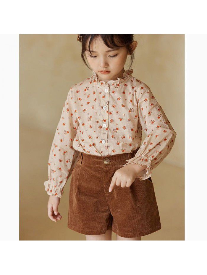 Girls' Long Sleeve Set Autumn Mid Children's Korean Edition Fragmented Blossom Top Vintage Corduroy Shorts Two Piece Set 