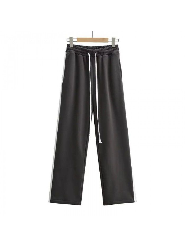 Side contrast color parallel bar guard pants Women's drawstring loose wide leg pants High waist slim casual pants Jazz dance pants 