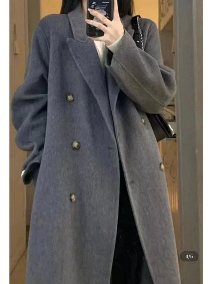 Autumn and winter women's extended high-end suit collar with double breasted wool coat temperament