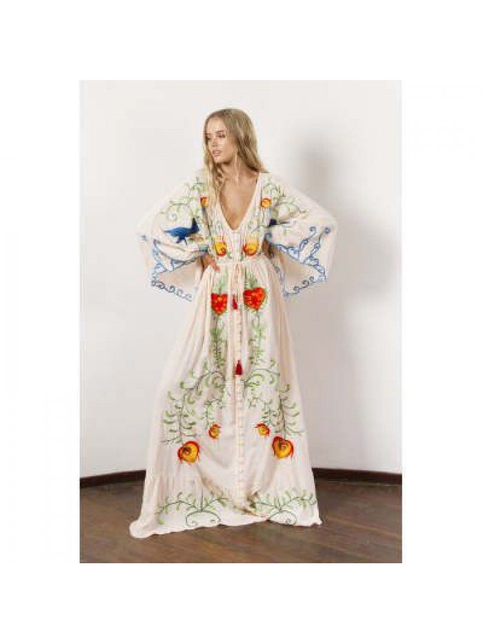 Autumn New Flower Embroidery V-neck Large Flare Sleeve Dress Long Dress 