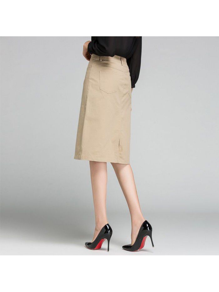 A-line skirt khaki skirt spring summer new OL professional skirt high waist slit buttocks one-step skirt white midskirt 