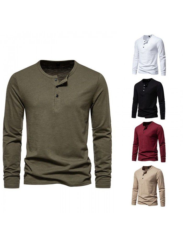 New Men's Long Sleeve T-shirt Fashion Solid Three Button Henry T-shirt Men's Top T-shirt Underlay 