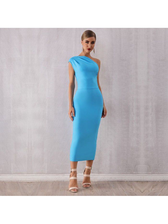 Fashionable and Elegant Women's One Shoulder Bandage Dress Sexy Sleeveless Tight Sky Blue Evening Dress 
