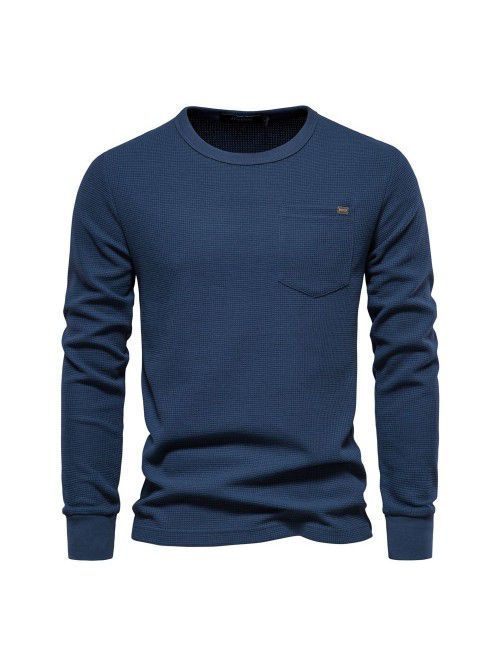 Spring and Autumn Men's Round Neck Pocket Waffle L...