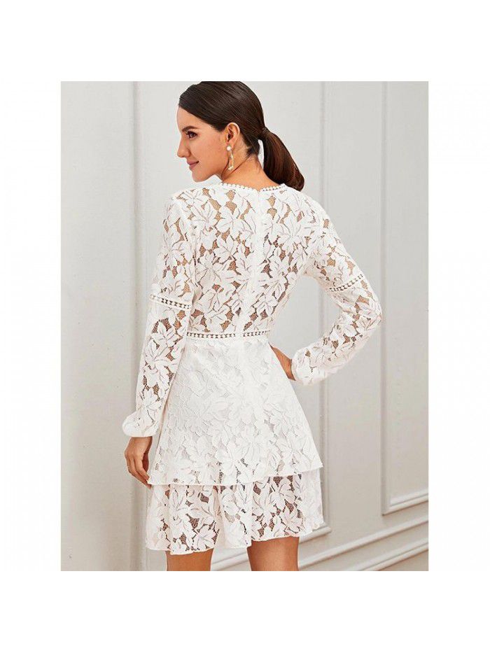 Dress Women's Lace Temperament Mid Waist Slim Fit Commuter White Patched Skirt Short Skirt