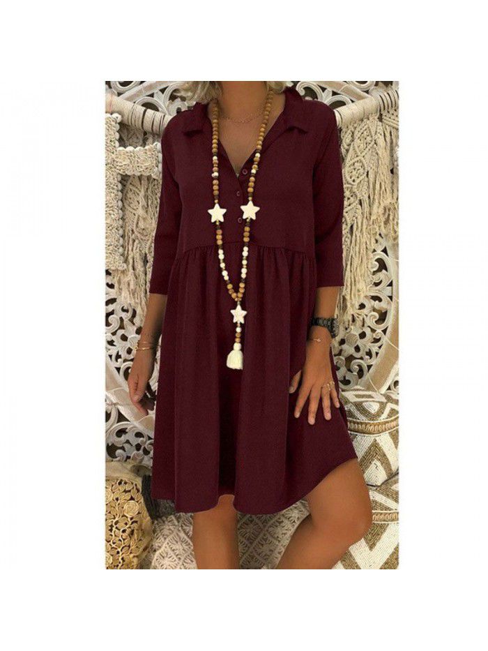 Women's 3/4 sleeve deep V-neck loose casual solid color dress 