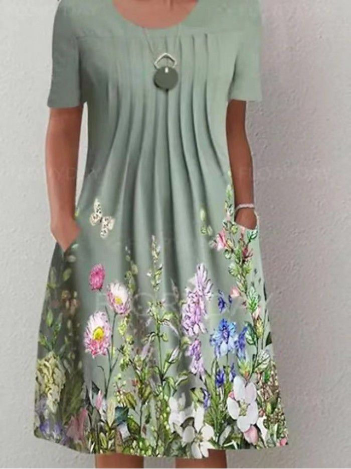 Summer New Women's Foreign Trade Round Neck Long Dress Flower Print Dress Women 