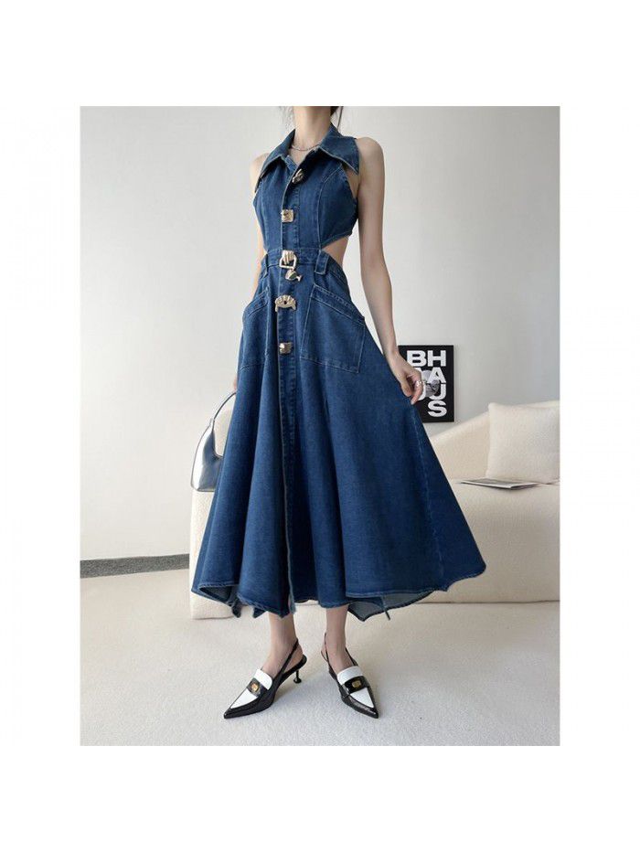 Denim Blue Hollow Open Waist Dress Women's Spring/Summer Slim Fit Side Waist High Split Style Dress 