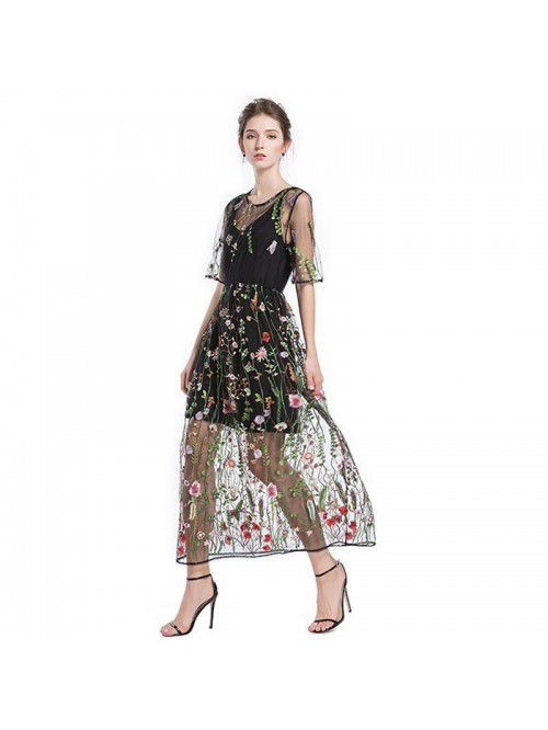 Spring New Large Women's Embroidered Lace Dress Su...