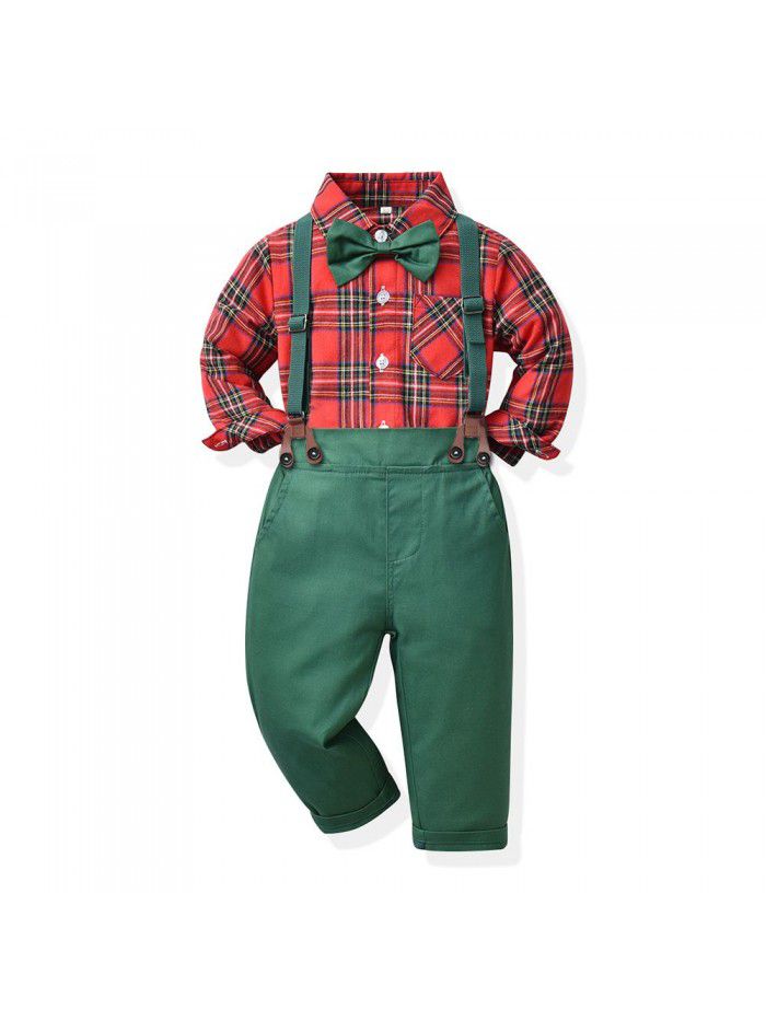 Clothing New Boys' Plaid Long Sleeve Polo Collar Cotton Cardigan Strap Pants Holiday Set Fashion Style 