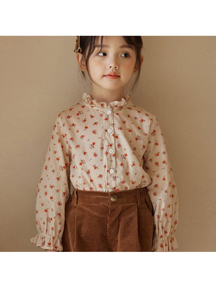 Girls' Long Sleeve Set Autumn Mid Children's Korean Edition Fragmented Blossom Top Vintage Corduroy Shorts Two Piece Set 