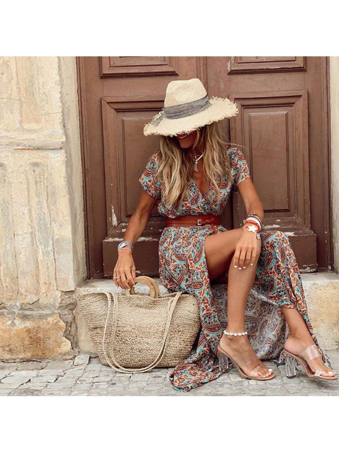 Bohemian style waistband printed long dress dress 