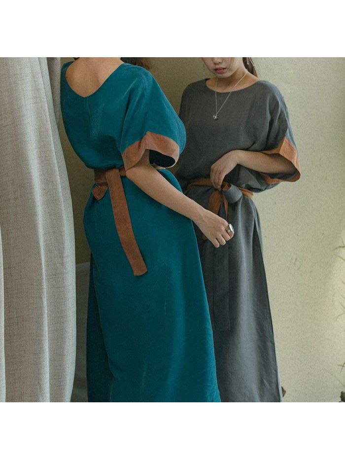 Spring and Summer Women's New Copper Spandex Contrast Loose Pullover Waistband Dress 