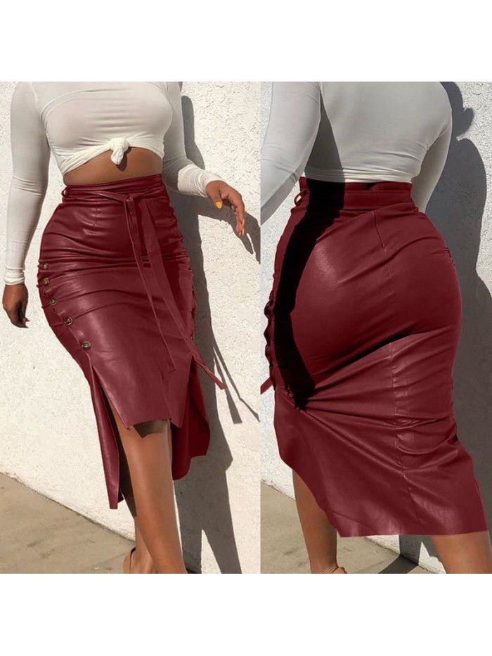 Women's Hot Sale Split Slim Fit Mid Length Wrapped Hip Skirt PU Skirt 