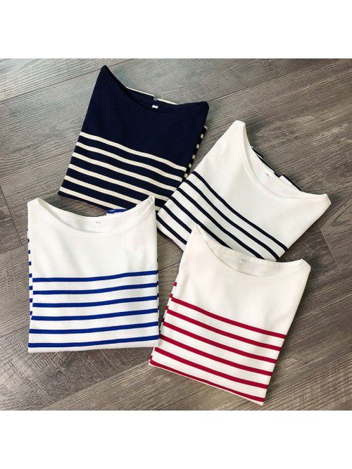 New coarse cotton striped T-shirt for women with l...