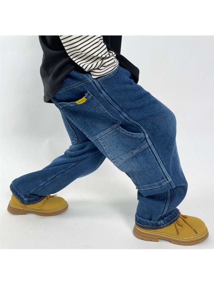 Boys' Jeans New Plush Jeans Relaxed Workwear Jeans Soft Denim Pants 