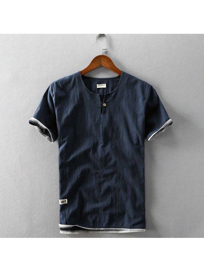 Summer New Men's Linen T-shirt Casual Wash Round Neck Cotton Linen Short Sleeve T-shirt 