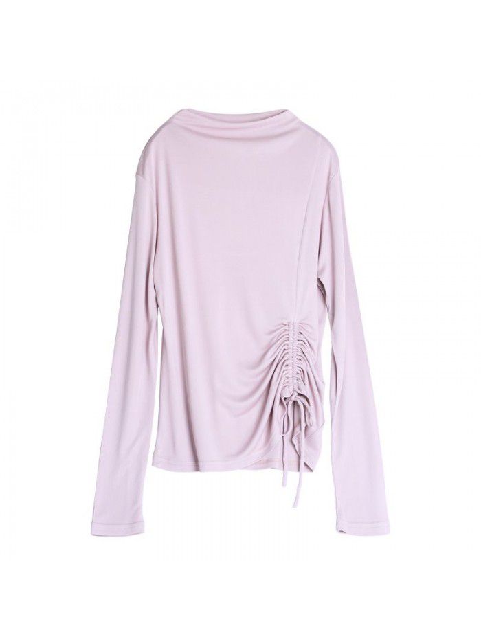 Autumn New Silk Bottom Shirt Women's Long Sleeve T-shirt Silk Drawstring Slim Fit Medium High Neck Top 