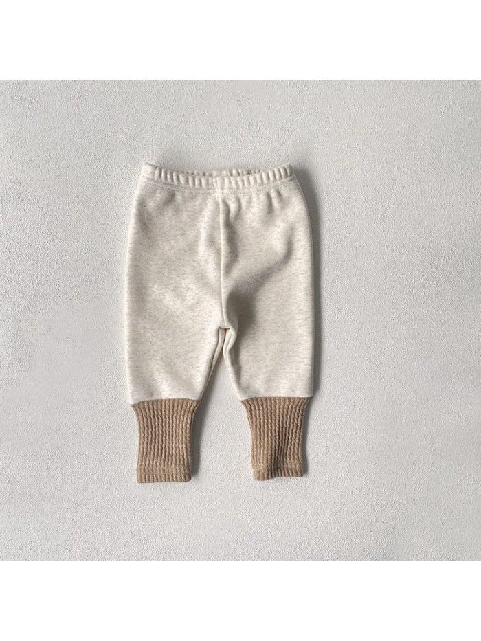 Thickened warm down pants for Korean children's clothing, baby and children's autumn style, plush patchwork bottom pants, baby winter pants 