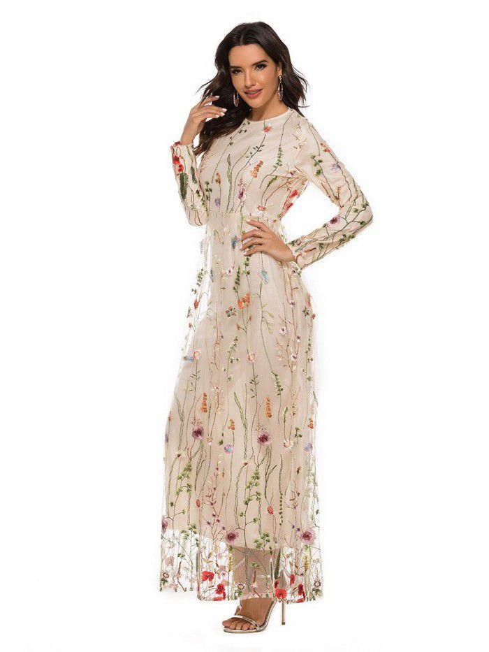Fashion Embroidery Dress Sweet Flower Lace Long Dress 