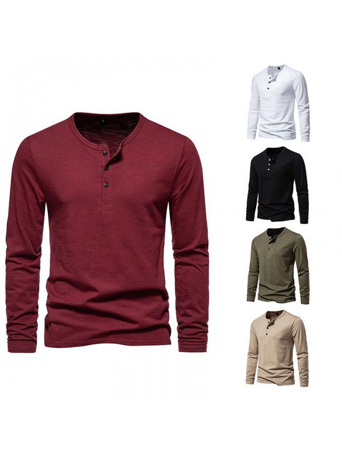 New Men's Long Sleeve T-shirt Fashion Solid Three Button Henry T-shirt Men's Top T-shirt Underlay 