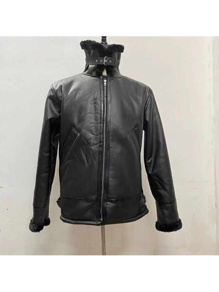 Faux leather winter jacket with integrated fur collar, medium length men's coat, heavy industry new product, zipper fur edge coat 